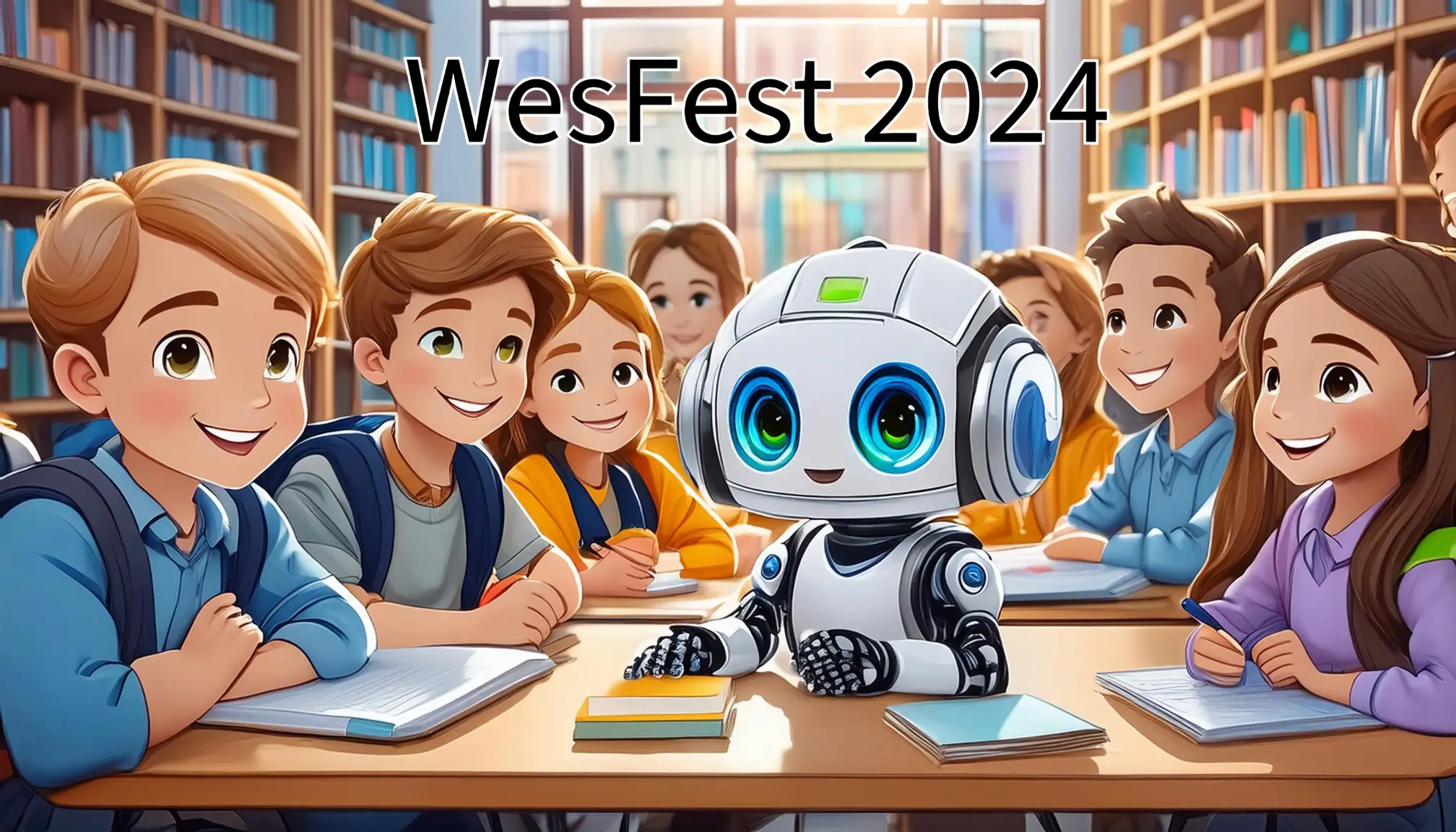 An AI generated illustrated images of a friendly robot among students in a classroom.